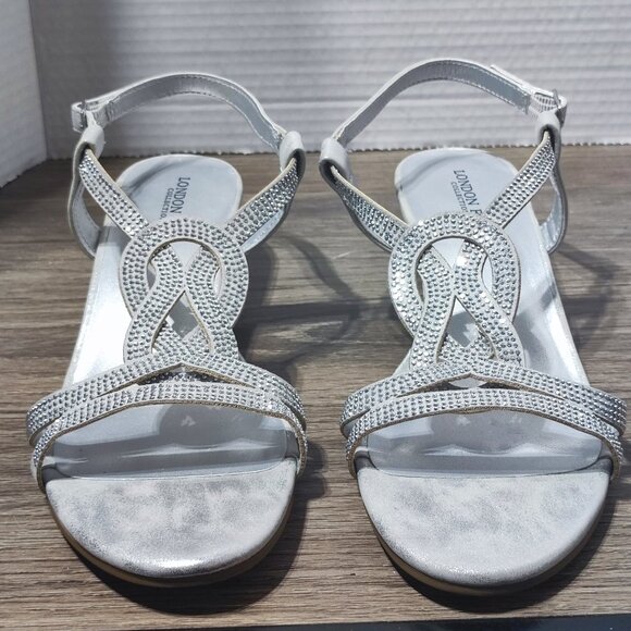 LONDON FOG Macey Demi-Wedge Dress Sandals size 8.5 silver with rhinestones - Picture 3 of 13